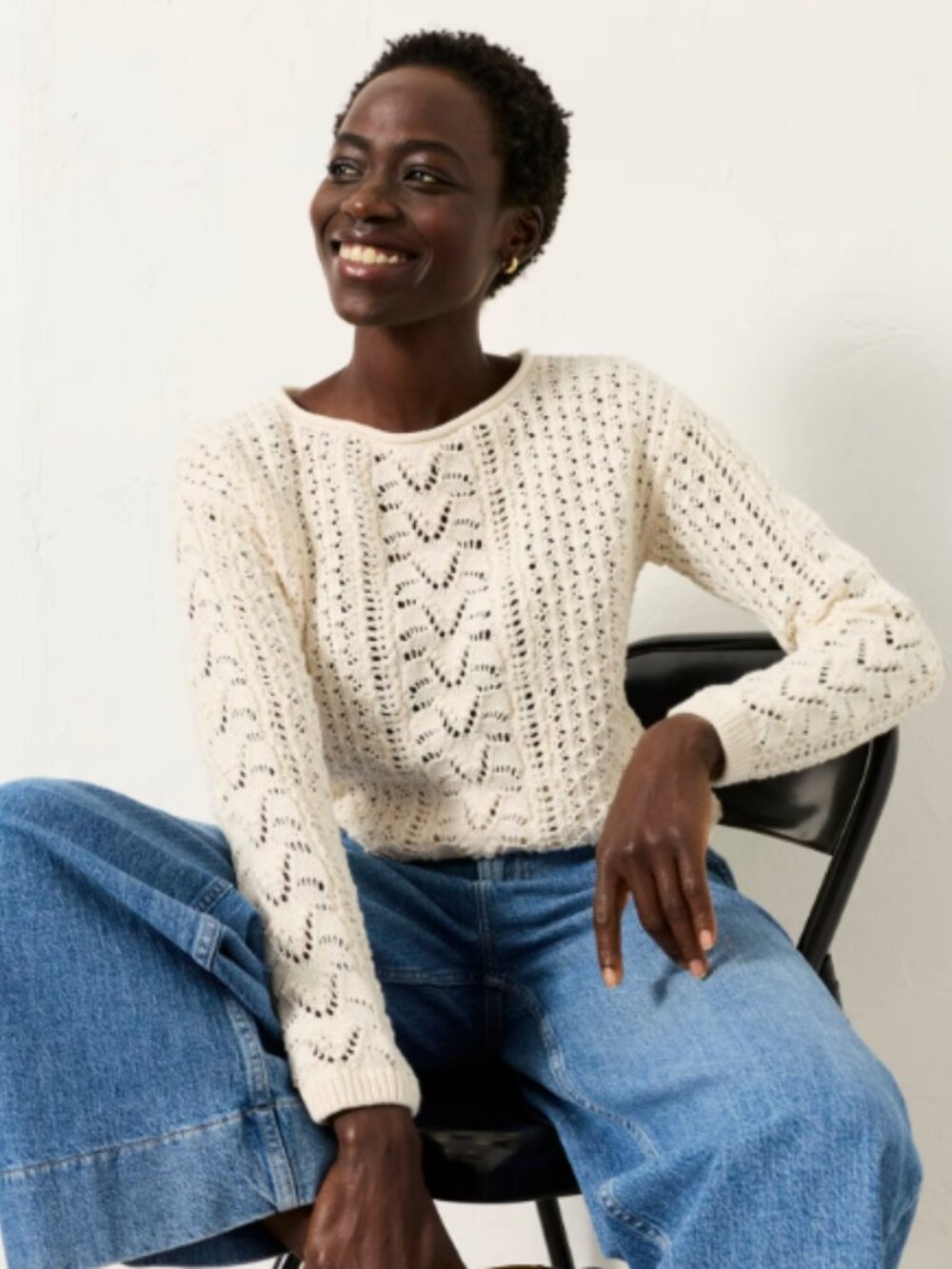 Fat Face Cream Openwork Crewneck Sweater Size 8 - Picture 2 of 12
